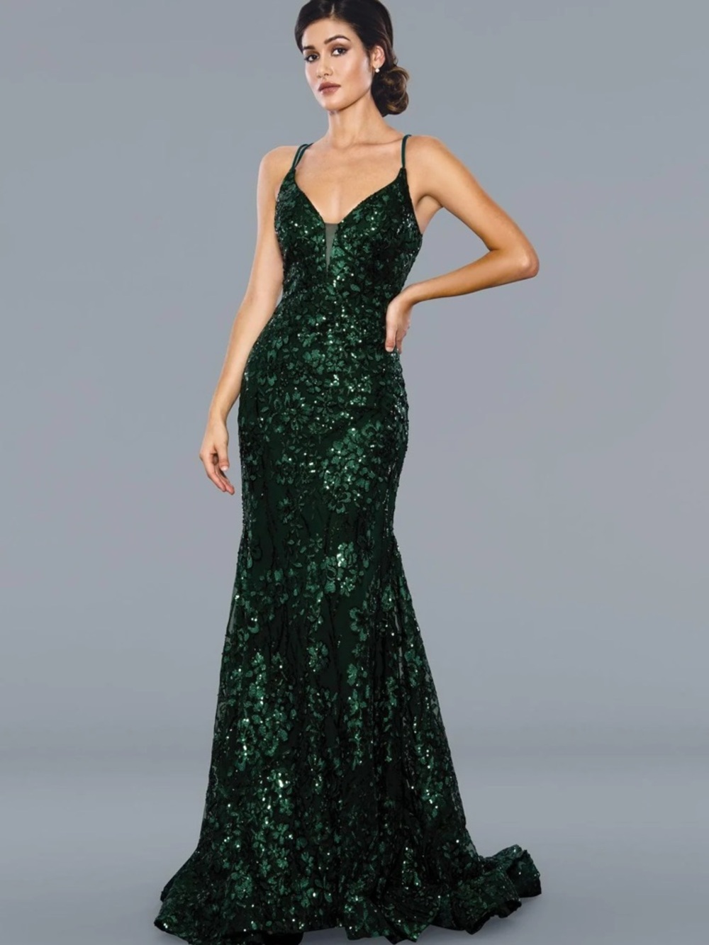 Deep Emerald Sequin Mermaid Gown with Spaghetti Straps
